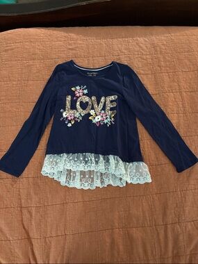 Tommy Bahama Navy Long-Sleeve Girls Top with Lace Hem and 'LOVE' Sequin Graphic